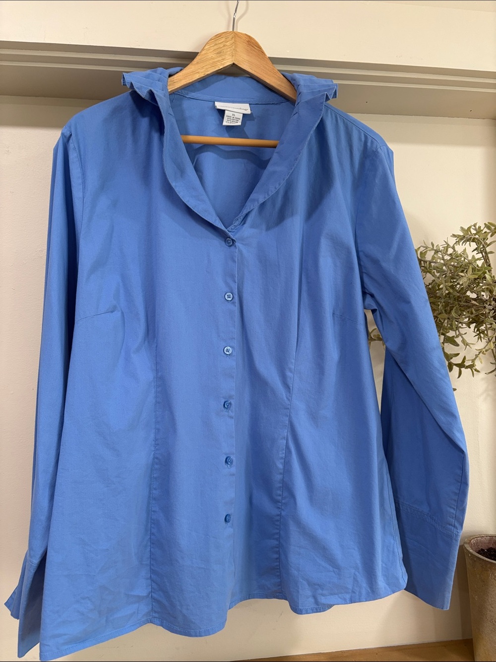 Soft Surroundings Blue Ruffle Collar Long Sleeve Blouse, Size XL